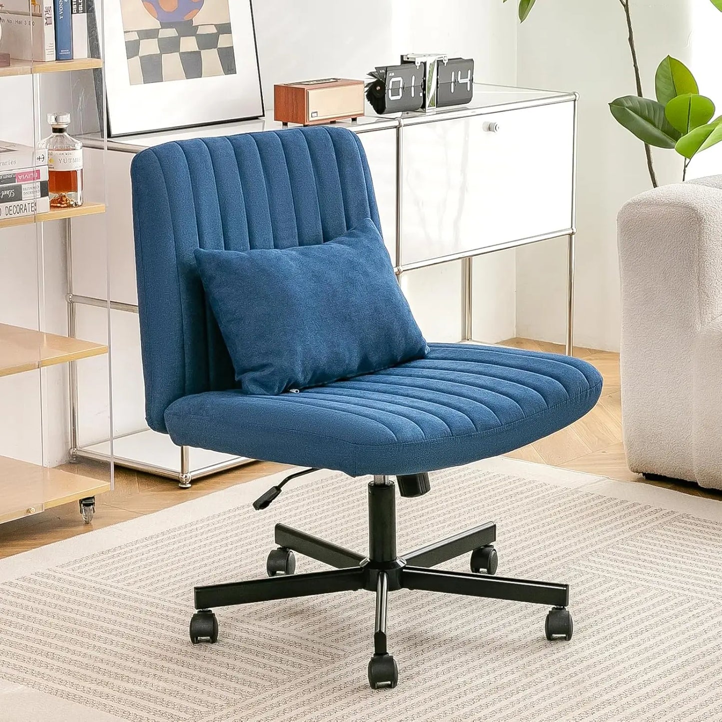Criss Cross Chair, Office Chair Cross Legged with Wheels, Armless Office Chair, Velvet Desk Chairs with Wheels for Home Office,