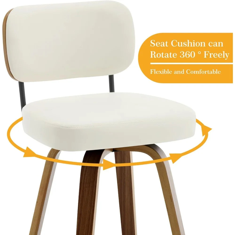 Swivel Counter Height Bar Stools Set of 4, 26" Upholstered Faux Leather Barstools with Back and Bent Wood Legs,