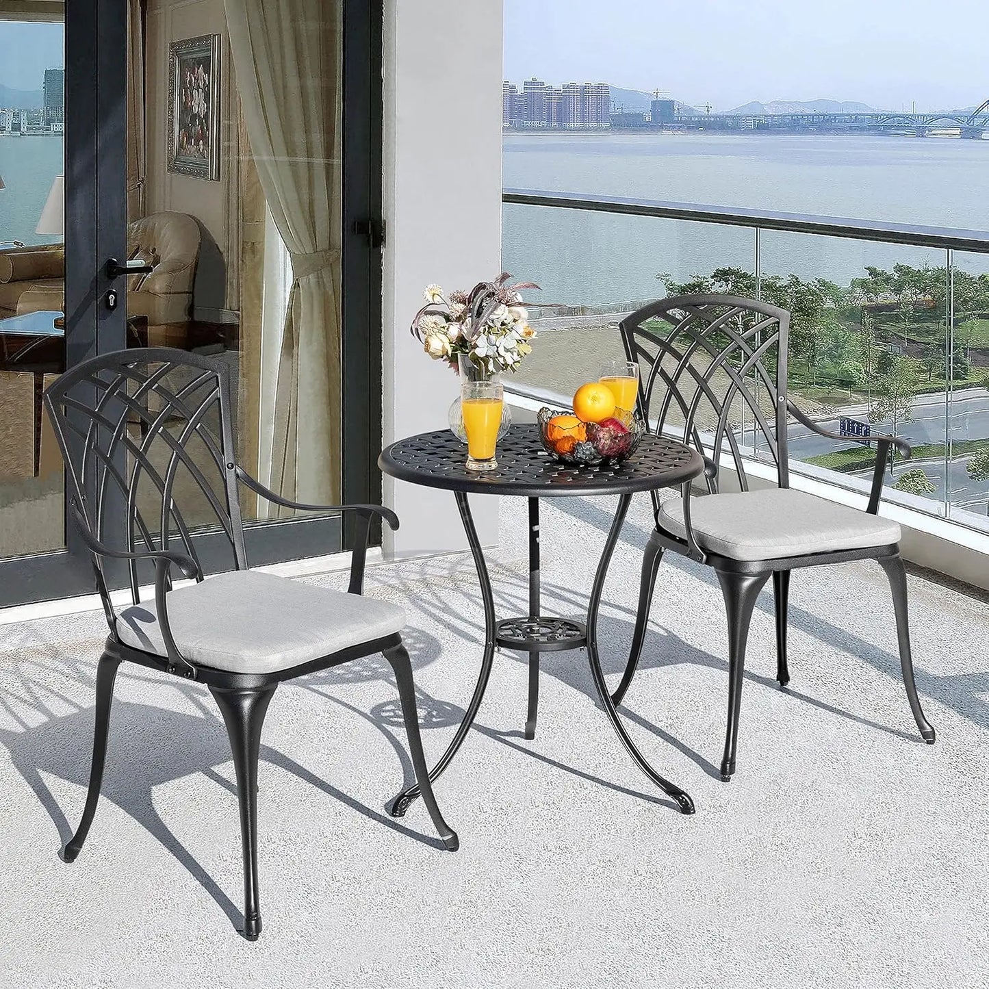 3 Piece Outdoor Cast Aluminum Patio Set Patio Table and Chairs Set of 2 with Umbrella Hole and Gray Cushions, Black