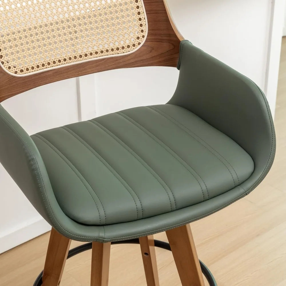 Counter Stools Rattan Swivel Counter Height Bar Stools with Cane Back, Upholstered Seat, Faux Leather Upholstered Furniture