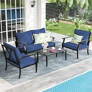 4-Piece Patio Furniture Set, Wider Outdoor Metal Seating Sofa with High Back & Loveseat, Coffee Table, All Weather Metal Convers