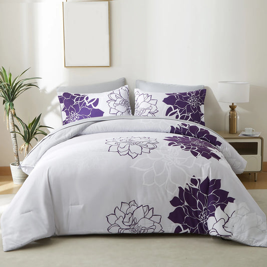Comforter Set - 7 Pieces Floral Bedding Sets with Reversible Botanical Flowers Comforter, Sheets, Pillowcases & Shams