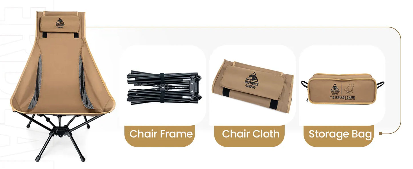 OneTigris Portable Tigerblade Camping Chairs Outdoor High Back Chair For Fishing Trekking BBQ Parties Gardening Indoor Use