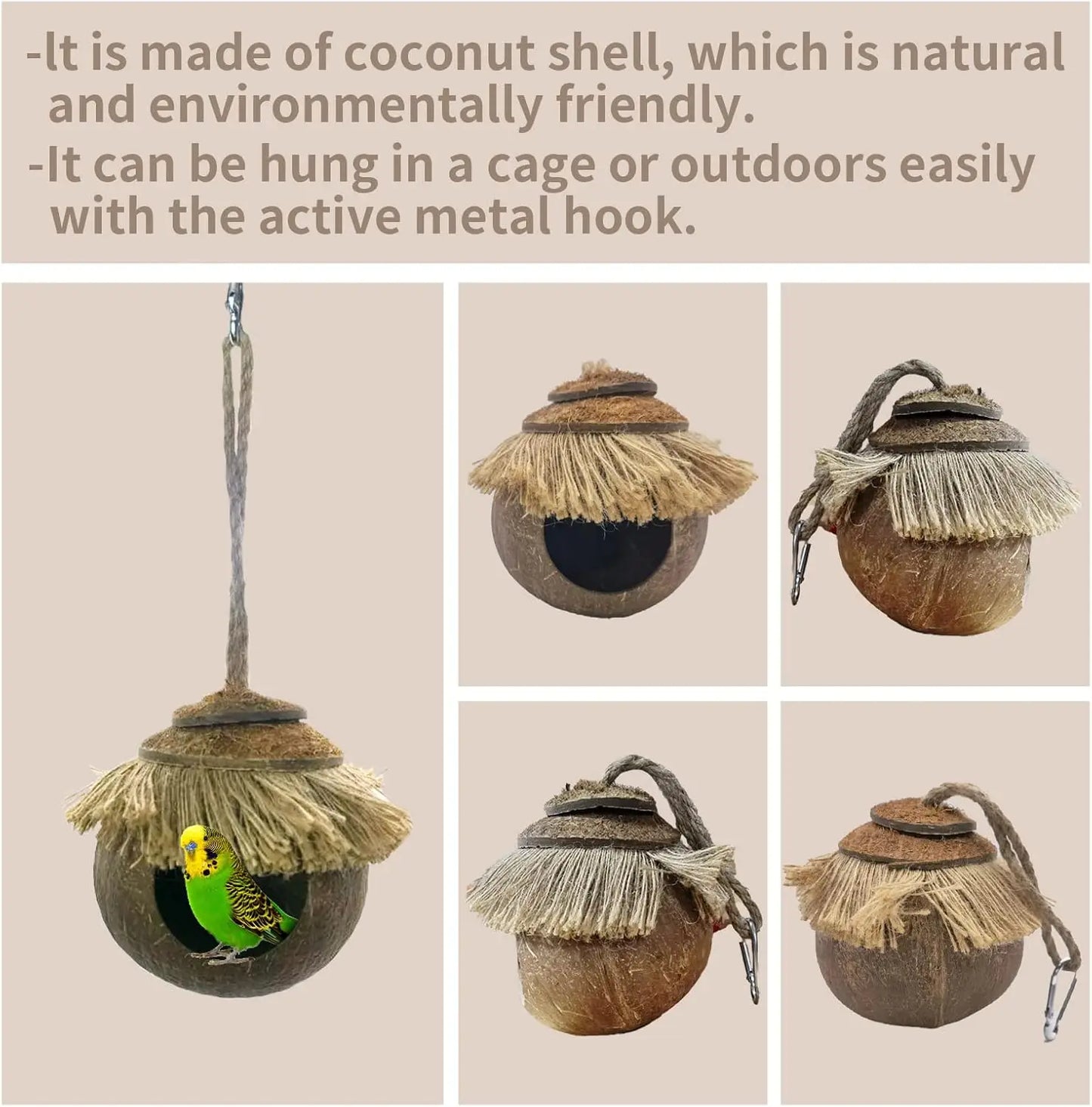 Coconut skin with rings, natural coconut fiber hanging birdcage, parrot coconut shell breeding house