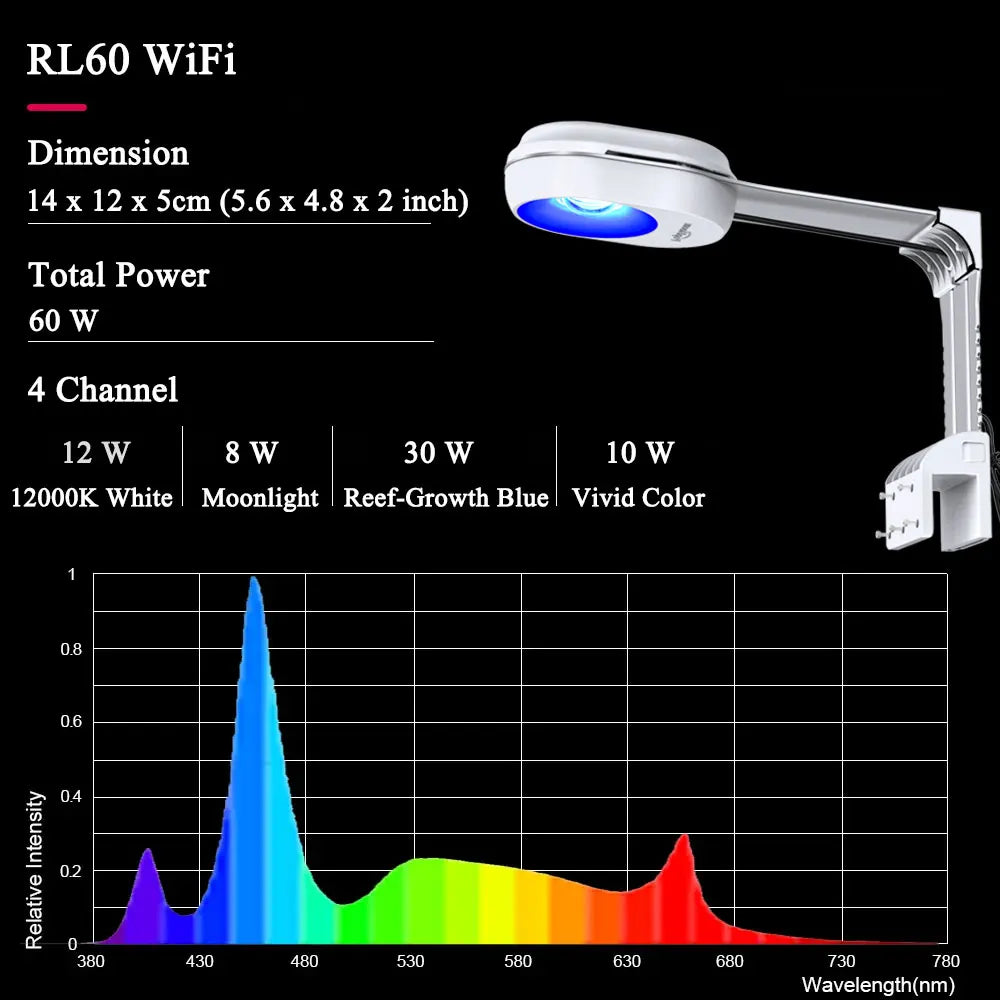 PopBloom WiFi Marine Aquarium Light RL60/RL90, Full Spectrum Aquarium Lamp LED For Coral SPS/LPS Nano Tank, Include Arm Mount