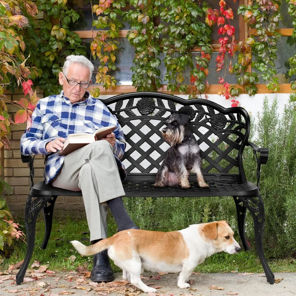 42.5" Outdoor Bench, Antique Cast Aluminum Front Porch Bench Metal Garden Benches Cast Iron Benches 2-3 People Seating (Black)