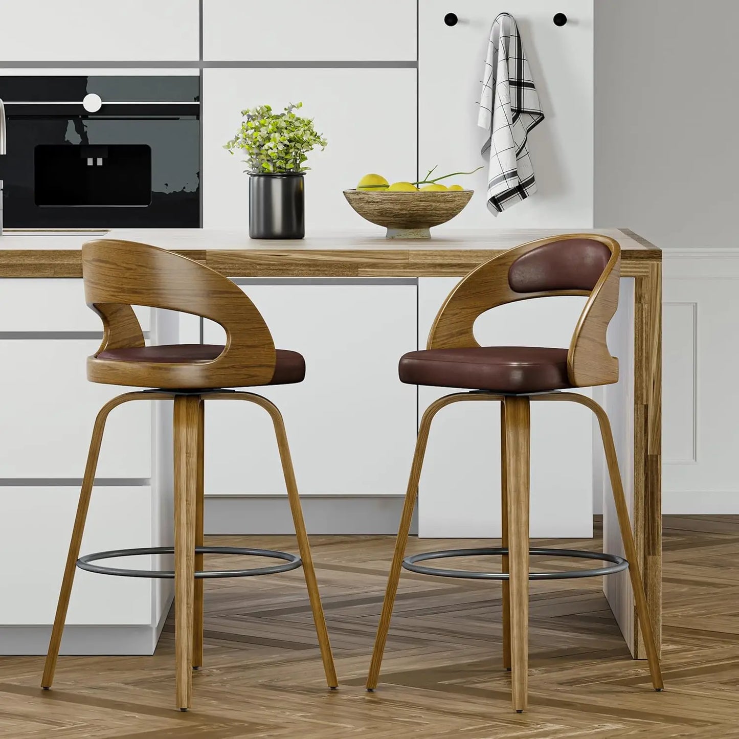 Swivel Counter Height Stools Bar Chairs Faux Leather Bar Stool with Backrest & Solid Wood Legs & Wrap-Around Footrest, Counter