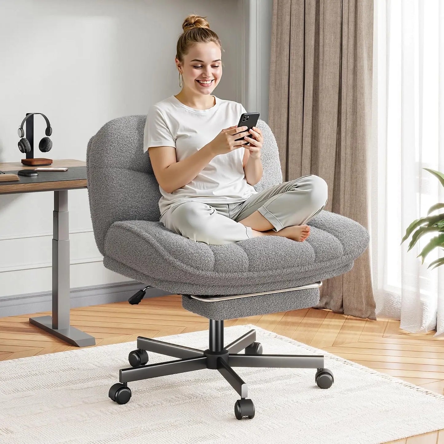 Cross Legged Office Chair with Foot Rest, 6.3" Thick Cushioned Criss Cross Chair with Wheels, Height Adjustable Swivel Vanity