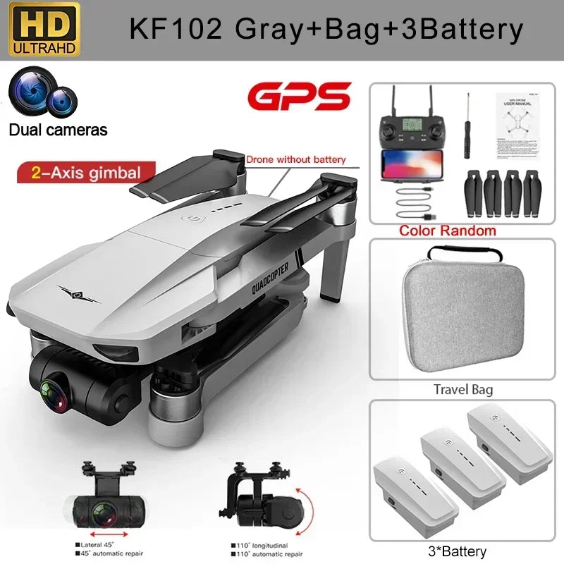 KF102 4K HD GPS Drone with Dual Camera 2-Axis Gimbal Optical Flow WiFi FPV Foldable Quadcopter Toy Perfect Gift for Kids Adults