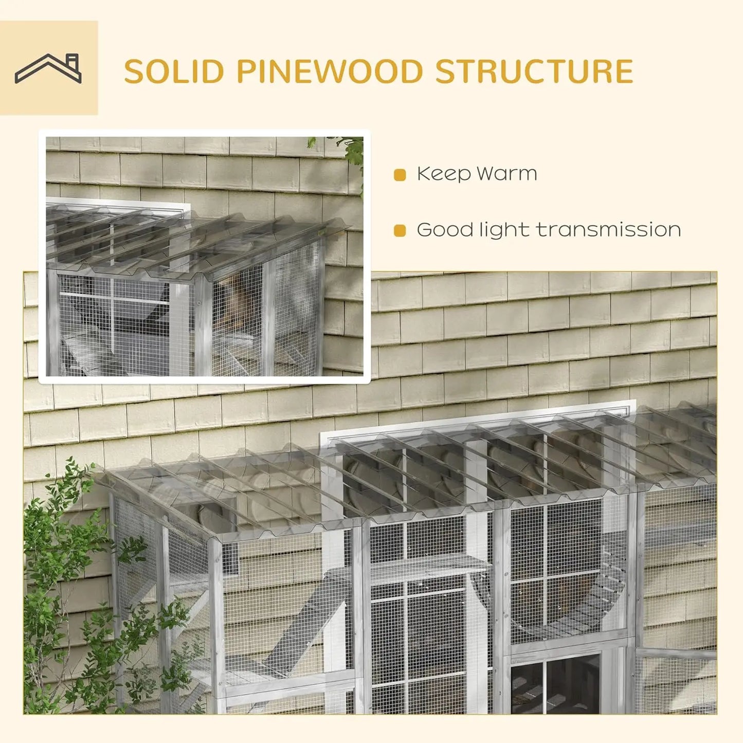 Outdoor Cat Enclosure Window, Outdoor Cat House with Weather Protection Roof for Multiple Kitties, Wooden Frame