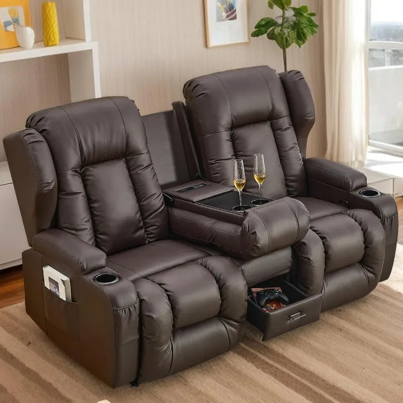 Loveseat Recliner Sofa with Flipped Backrest Console, RV Manual Reclining Loveseat Couch Home Theater Seating with Cup Hol