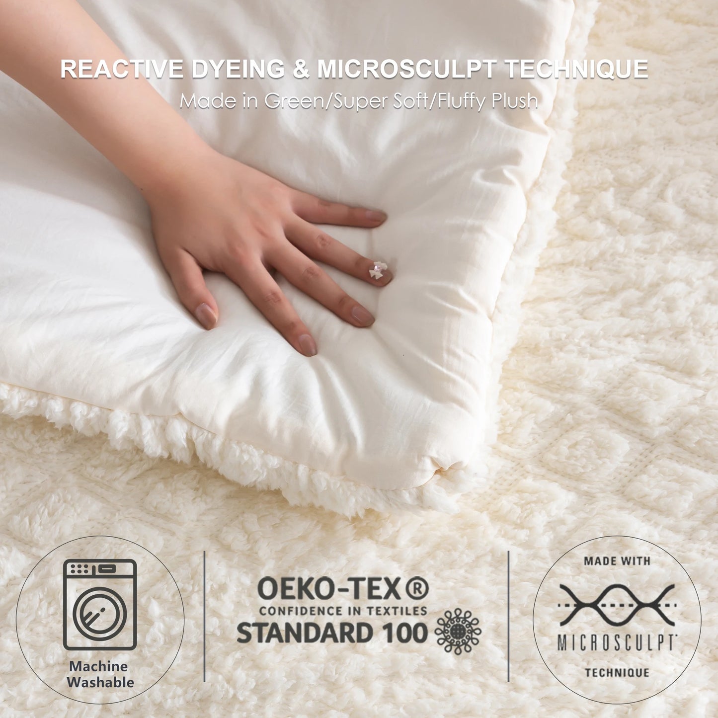 Plush Fleece Sherpa Cotton Fluffy Bed Down Comforter Set, Boho Tufted Ultra-Soft Lightweight Warm All Season Ivory Queen King