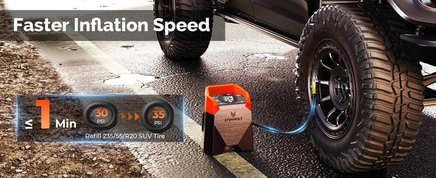 ETENWOLF ZEPHYR S5 Portable Tire Inflator Heavy-Duty Car compressor 160PSI &15600mAh for Pickups Car Tires Motorcycles Bicycles