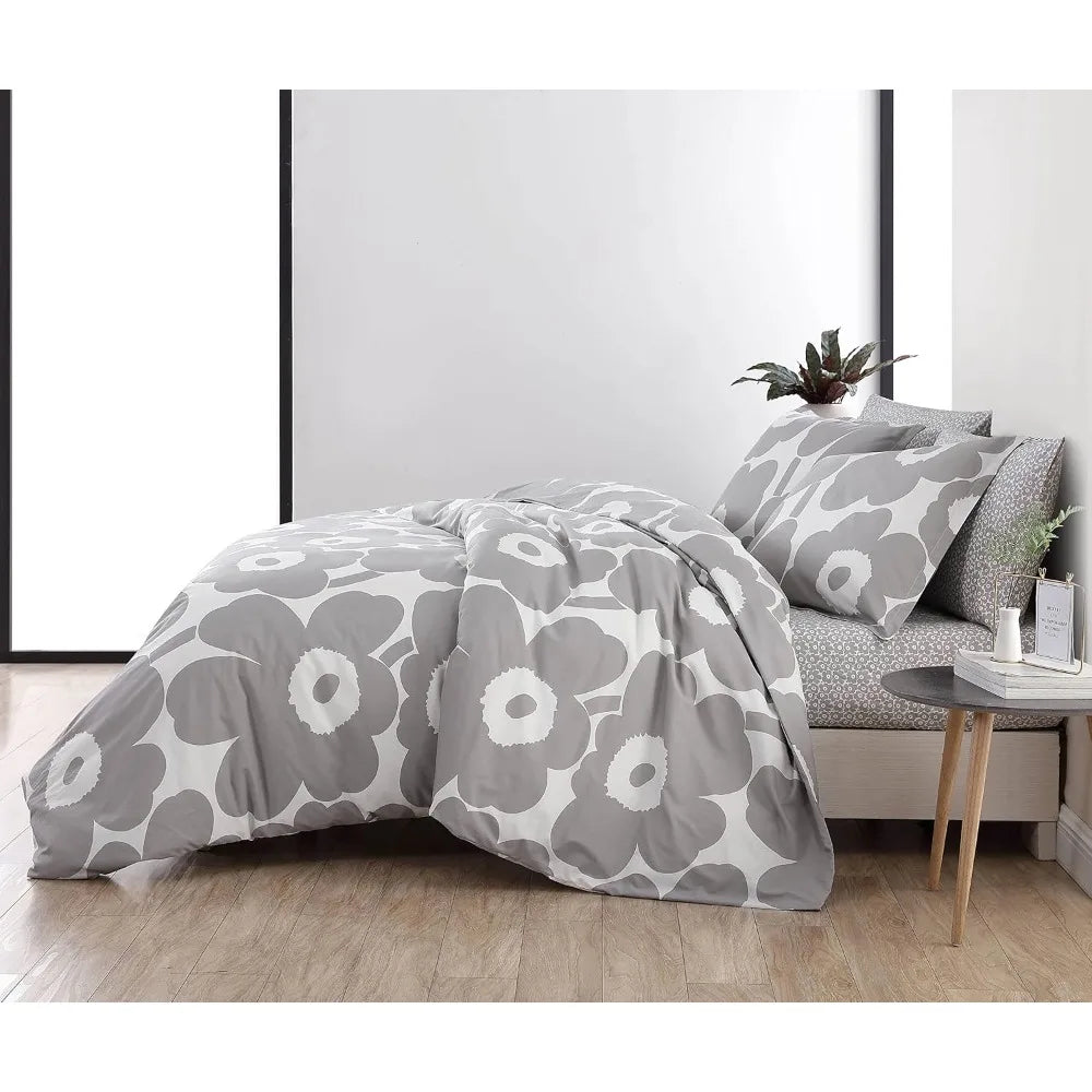 Cotton Queen Duvet Cover Set with Matching Pillow Shams and Button Closure, Suitable for All Seasons Home Decor, Grey Floral Pat