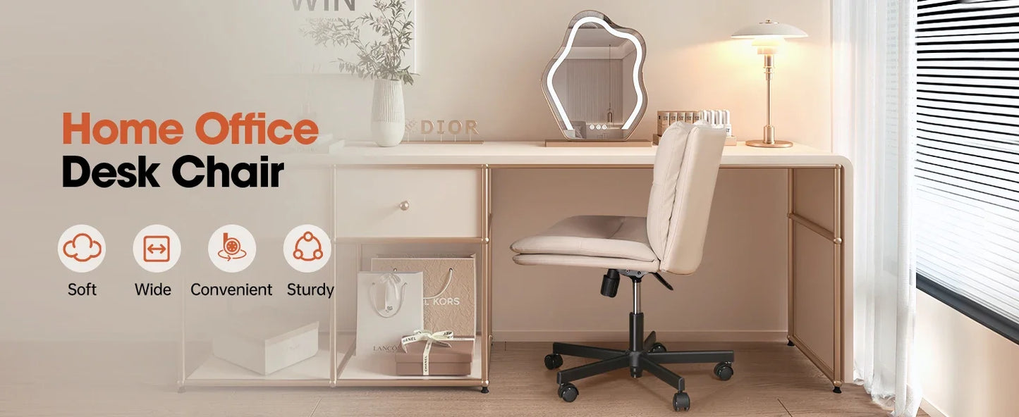 PU Upholstered Dressing Chair, Mid-back Ergonomic Home Office Computer Chair, Comfortable Adjustable Swivel Work Chair