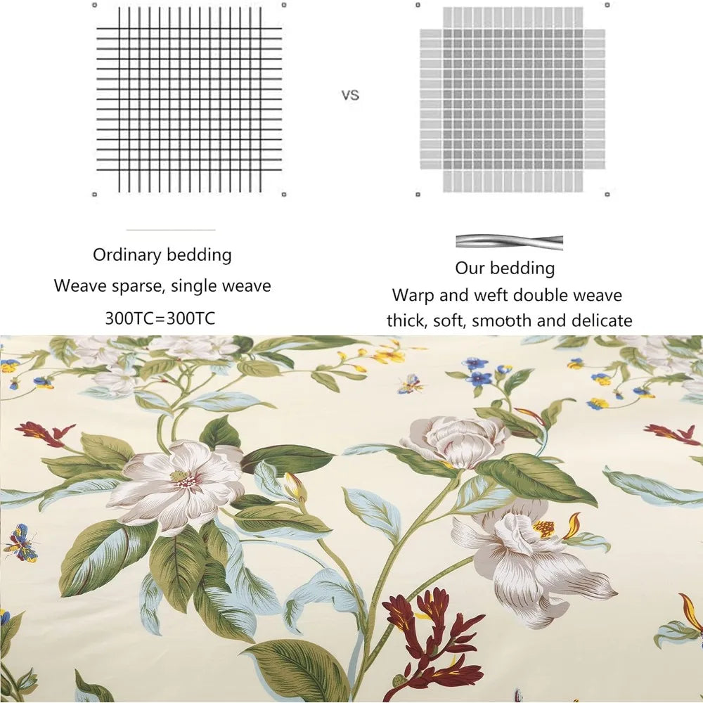 Cotton Striped Floral Duvet Cover Set in Green and Beige with Shabby Chic Flower Branches for Summer Reversible Bedding 600 Thre