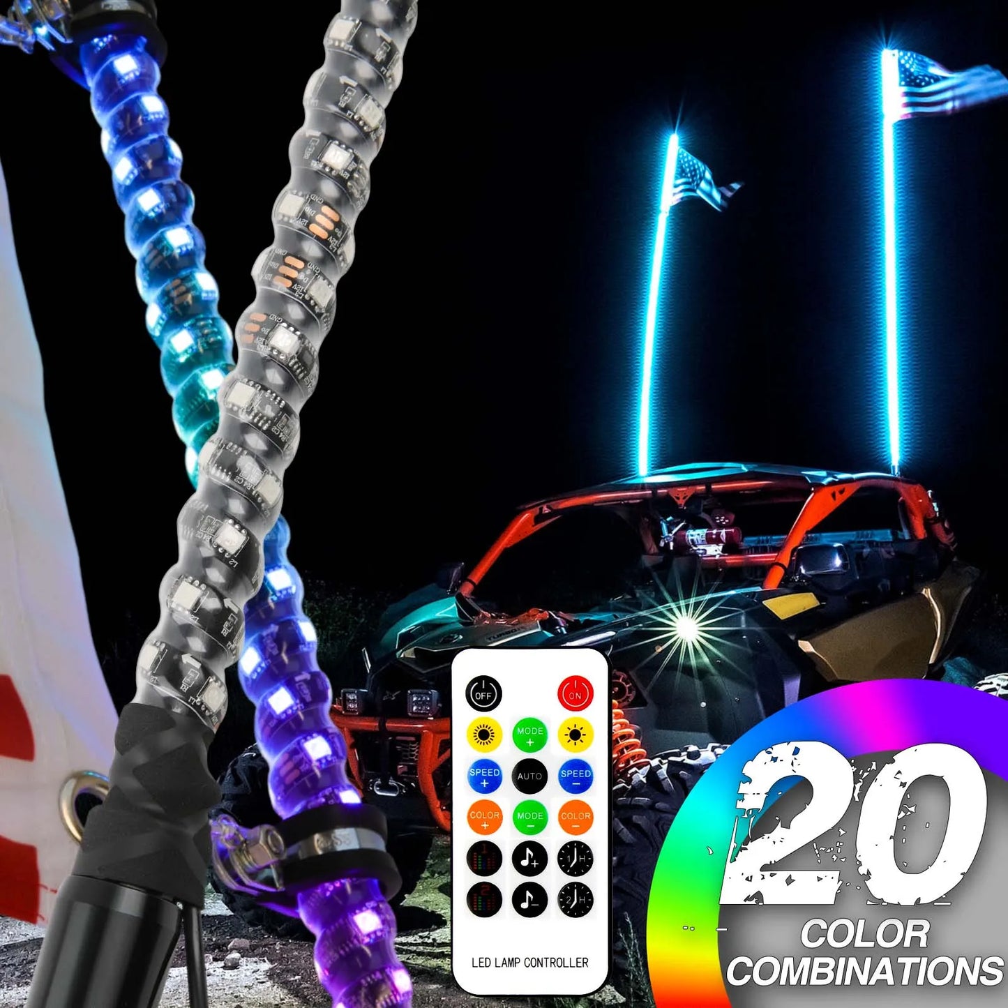 2PCS 4FT 5050RGB Bluetooth And Remote Control Colorful Spiral LED Whip Lights Lighted Antenna Whips for ATV Polaris RZR