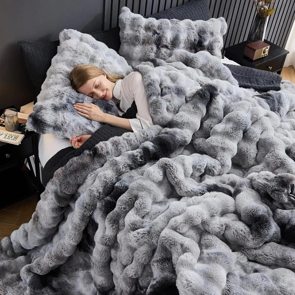 King Size Tie-Dye Grey Plush Rabbit Fur-Like Comforter Set, Fluffy and Warm Bedding