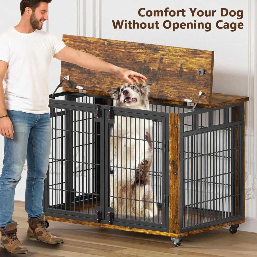 41" for Training Moveable XL Dog Crate, Large Dog Crate Furniture with Top-Access Teasing/Feeding Doors, Chew-Resistant Dog