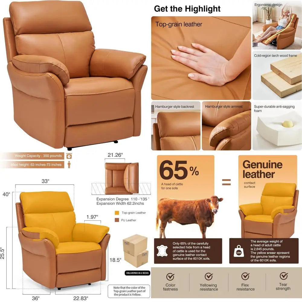 Italian Crafted Top Grain Leather Recliner Chair, Wall-Hugging Design for Living Rooms