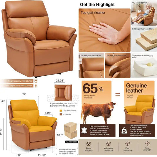 Italian Crafted Top Grain Leather Recliner Chair, Wall-Hugging Design for Living Rooms