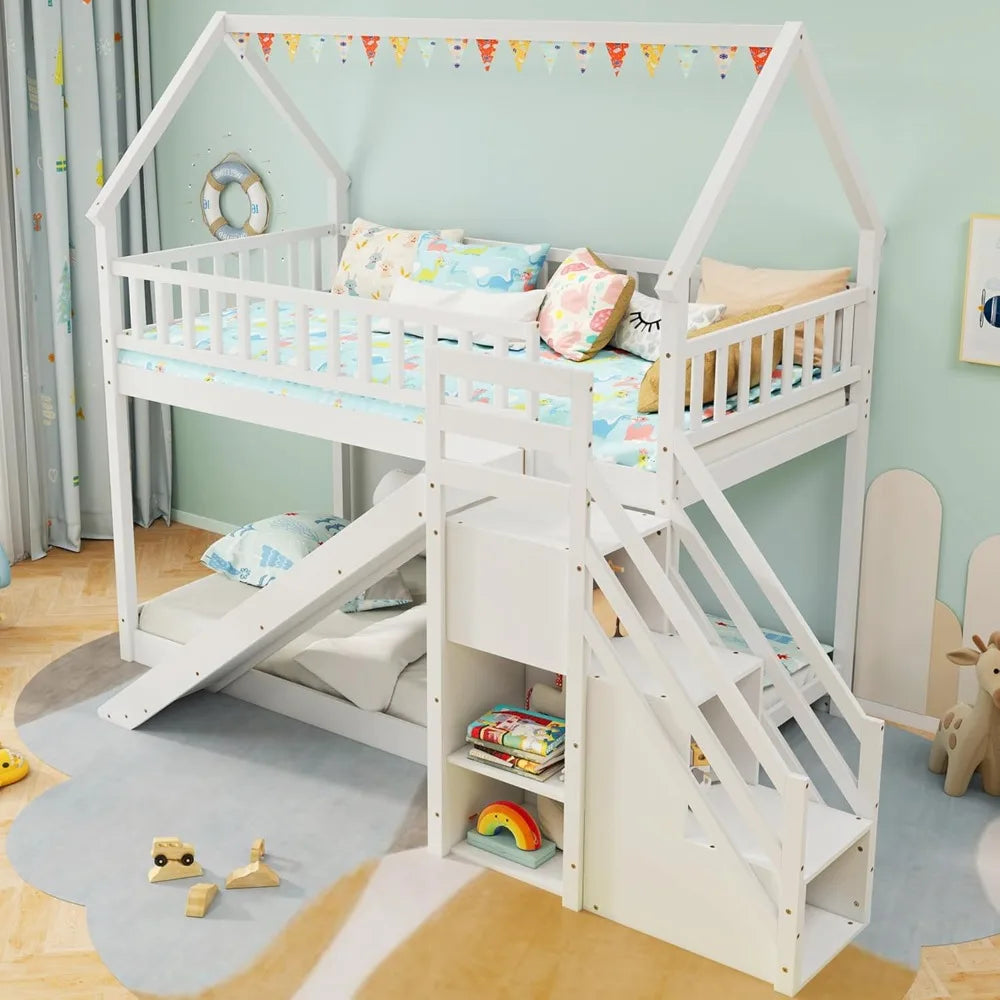 Wood Twin Over Twin Bunk Bed with Slide & Staircase, Twin House Bunk Bed with Safety Guardrails Storage, Floor House Bed Wooden