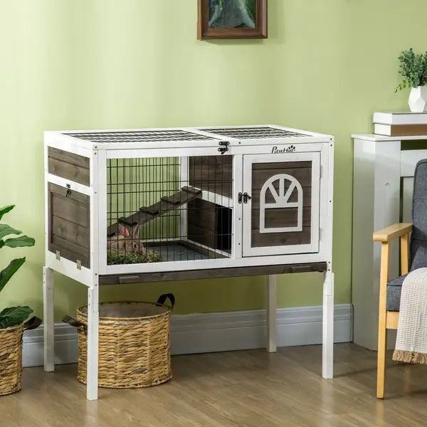 PawHut Indoor Rabbit Hutch Wooden Guinea Pig Cage with Tray Lockable Doors Coffee