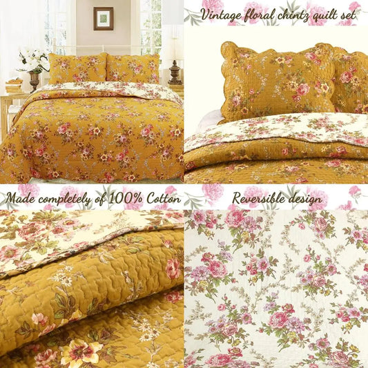 Vintage Floral Mustard Yellow Cotton Quilt Set Reversible Bedding Vintage Blooming Flower Comforter Full-Size
