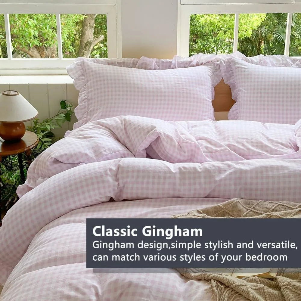 Queen Size Pink Gingham Ruffle Duvet Cover Set, 3-Piece Soft Pre-Washed Microfiber Plaid Comforter Cover