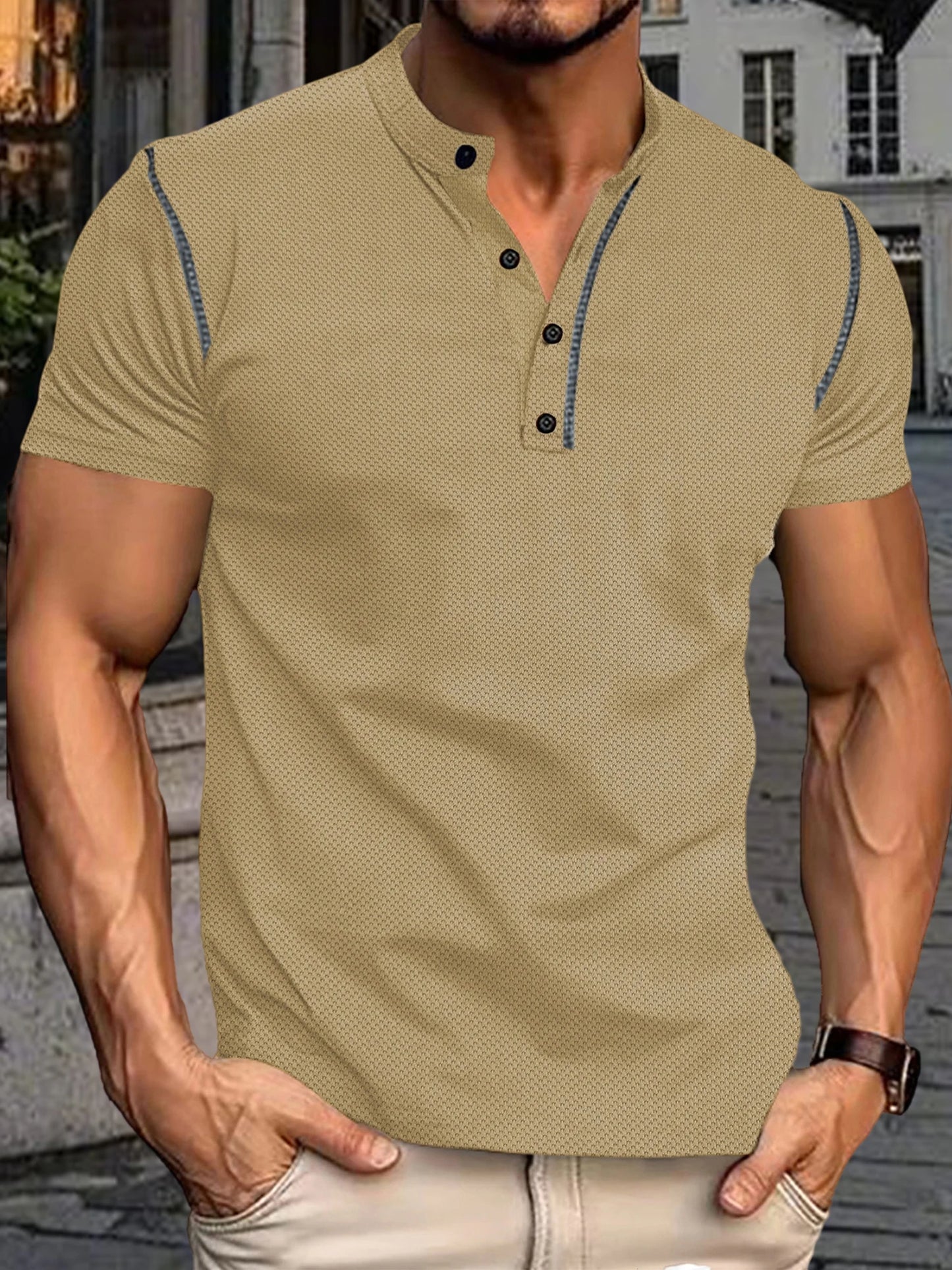 Men s  Fit Henley Short Sleeve T-Shirt with Contrast Stitching Casual Summer Top for Streetwear Style