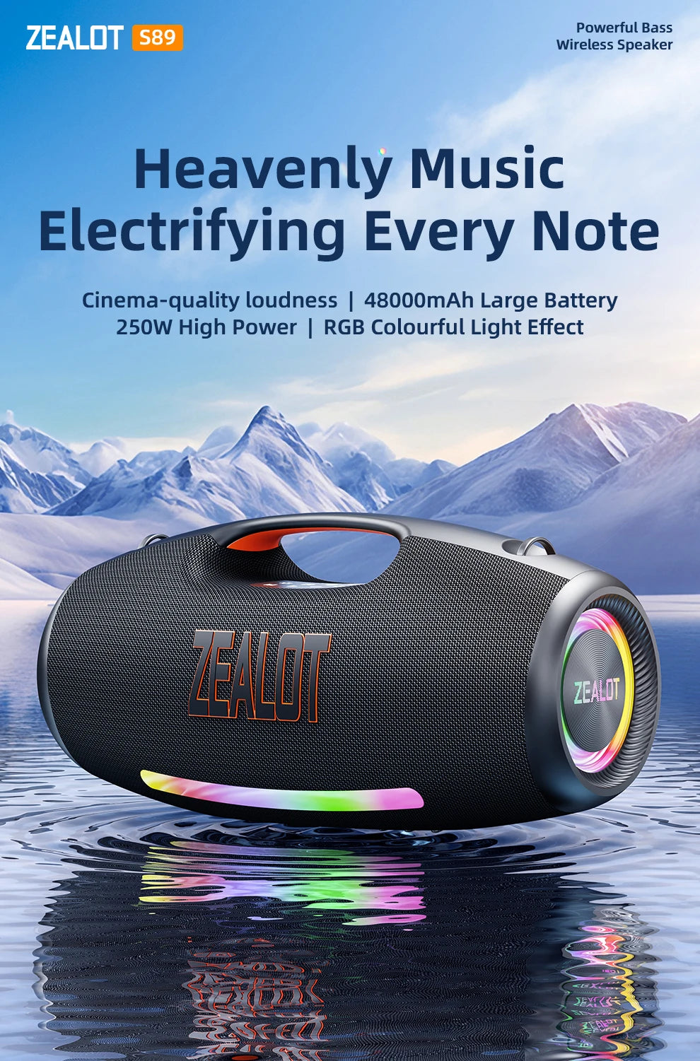 Zealot S89 250W Portable Bluetooth Speaker High Volume Waterproof 48000mAh Wireless TWS Subwoofer Suporrt USB/TF/AUX RGB light.