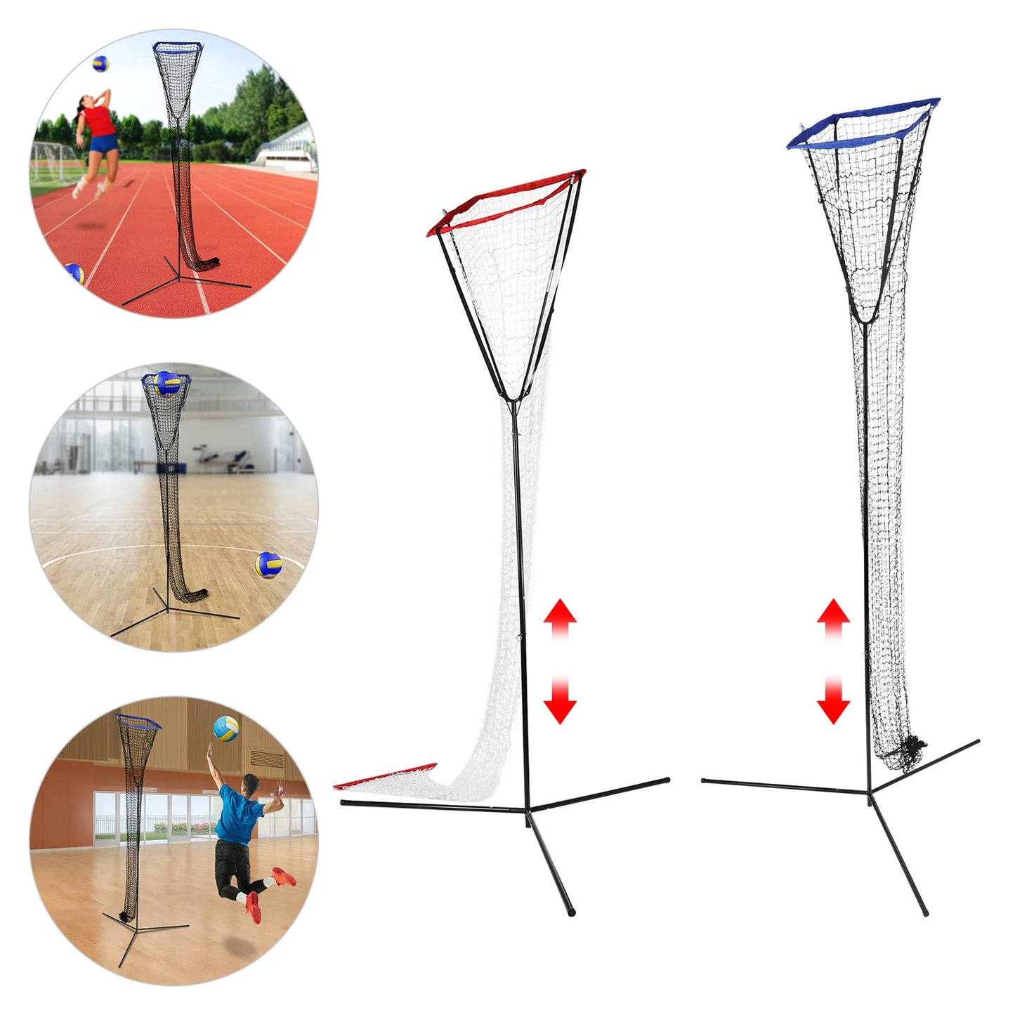 Volleyball Training Iron Net Frame,Black+Blue/Red Free Standing Volleyball Practice Net Adjustable Height and Angle for Patios