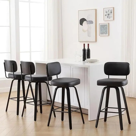 Swivel Counter Height Bar Stools Set of 4, 26" Upholstered Faux Leather Barstools with Back and Bent Wood Legs,