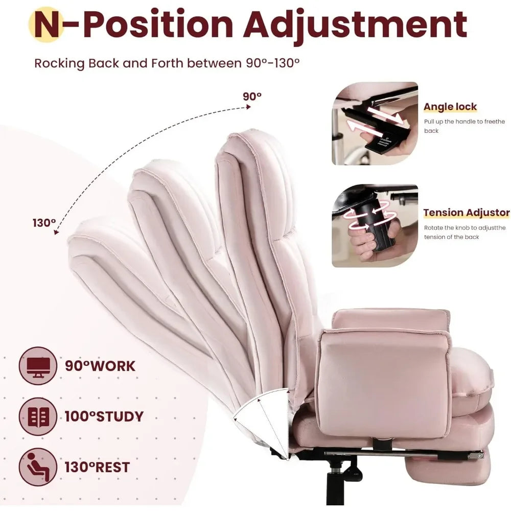 Modern Home Office Desk Chair with Wheels and Retractable Footrest, Adjustable Backrest Velvet High Back Office Chair
