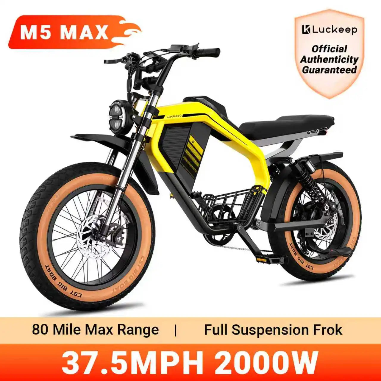 Luckeep M5 MAX Electric Bike for Adults,2000W Peak Motor,37.5MPH, 52V 20AHBattery Ebike,80 Miles 20" Fat Tire Electric Dirtbike