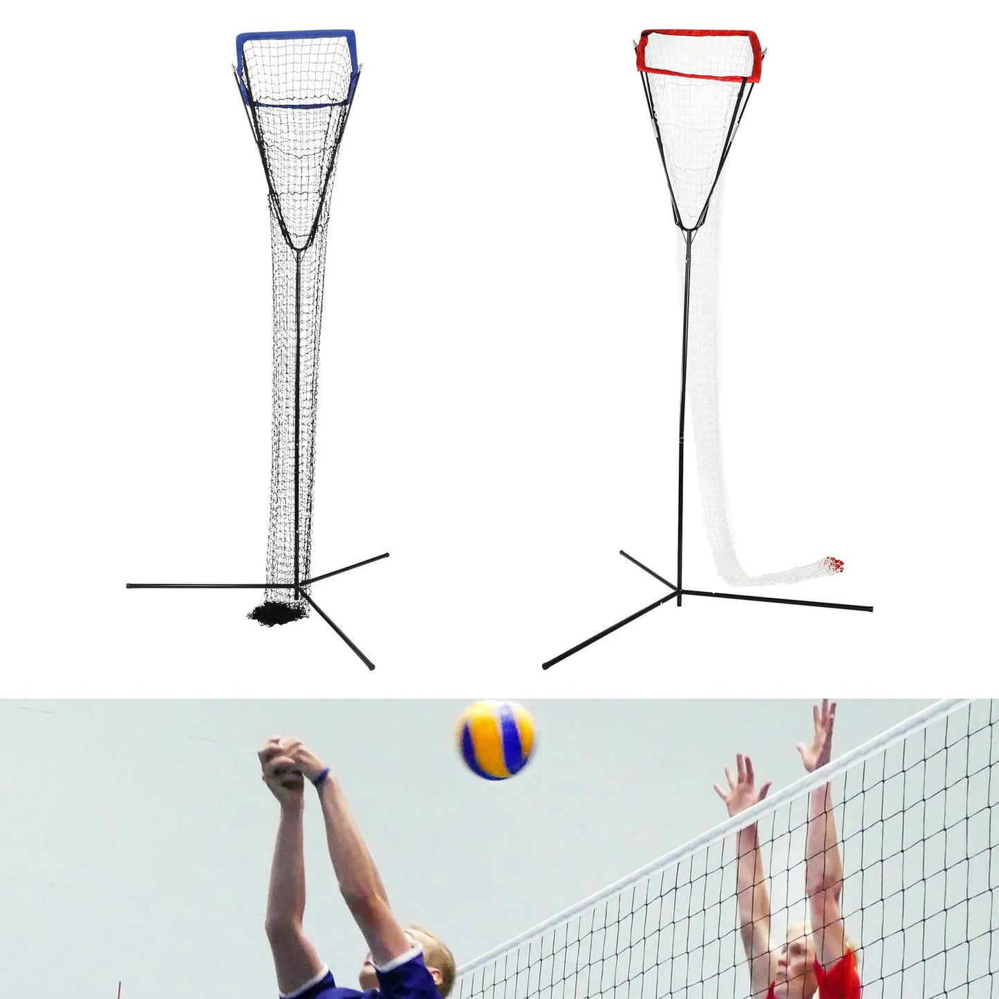 Volleyball Training Iron Net Frame,Black+Blue/Red Free Standing Volleyball Practice Net Adjustable Height and Angle for Patios