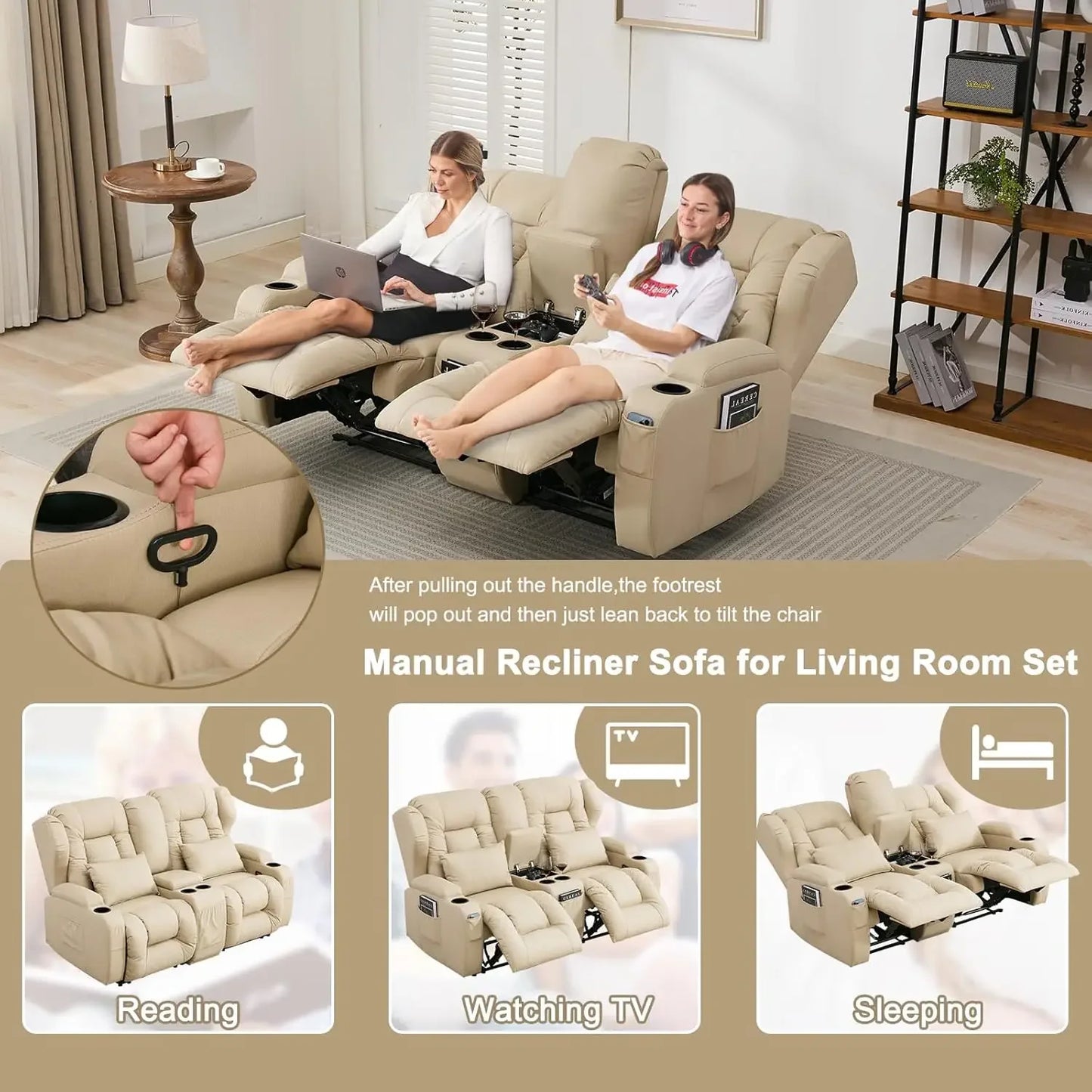 65.5-inch Double Sofa Lounge Chair and Console, Wall Mounted Lounge Chair, Home Theater Seat