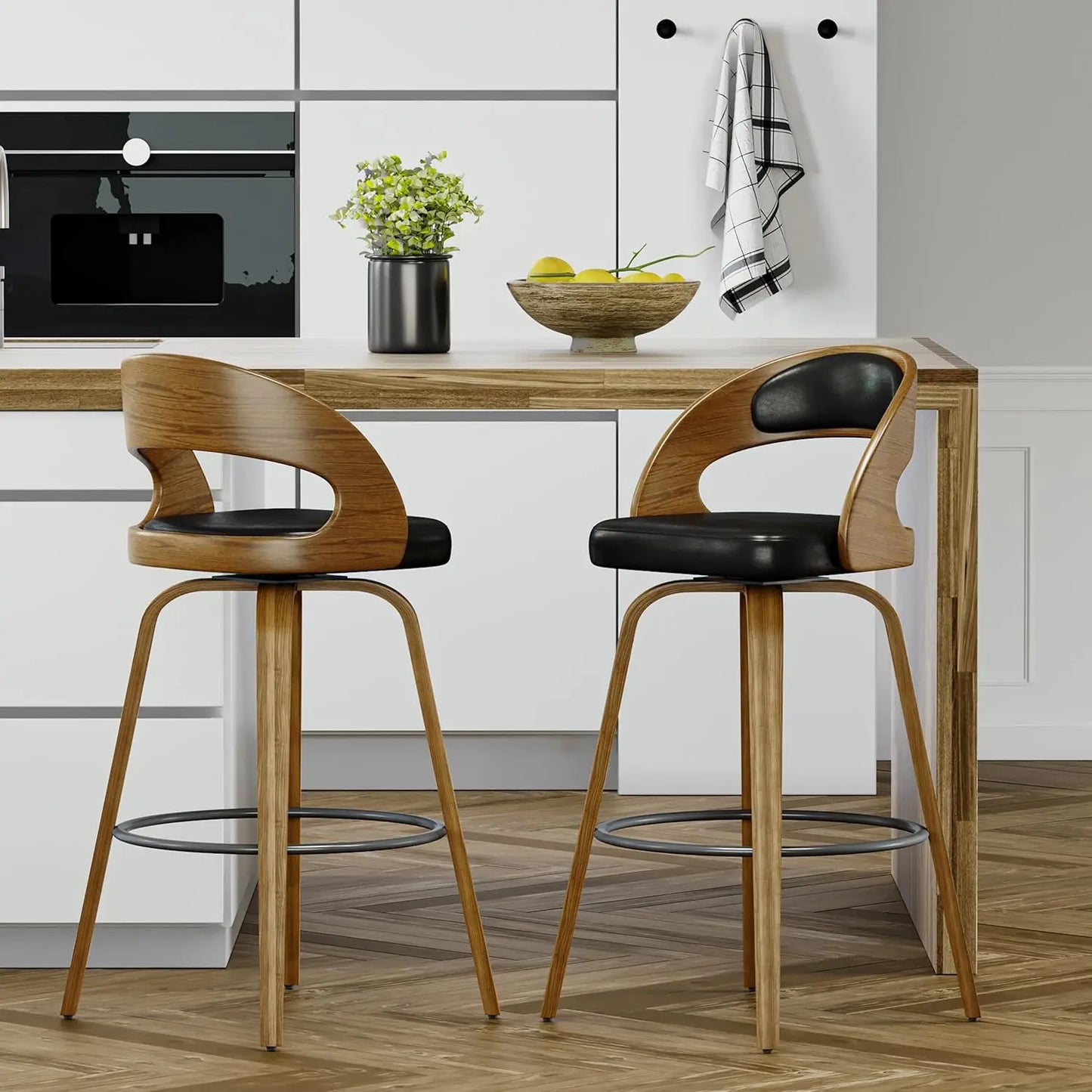 Swivel Counter Height Stools Bar Chairs Faux Leather Bar Stool with Backrest & Solid Wood Legs & Wrap-Around Footrest, Counter