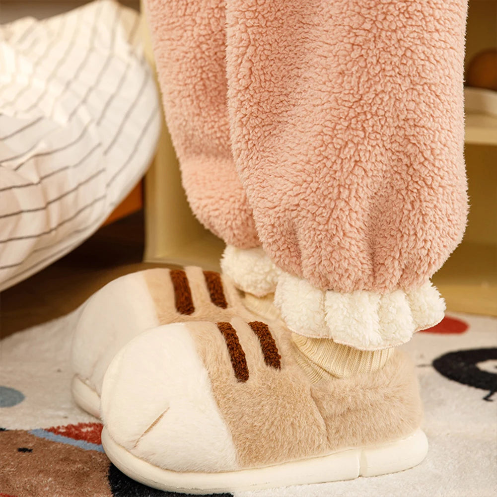3D Cat Paw Plush Slippers Warm Slip-on House Shoes Comfortable Flat Thermal Slippers Furry Paw Couple Slippers for Autumn Winter
