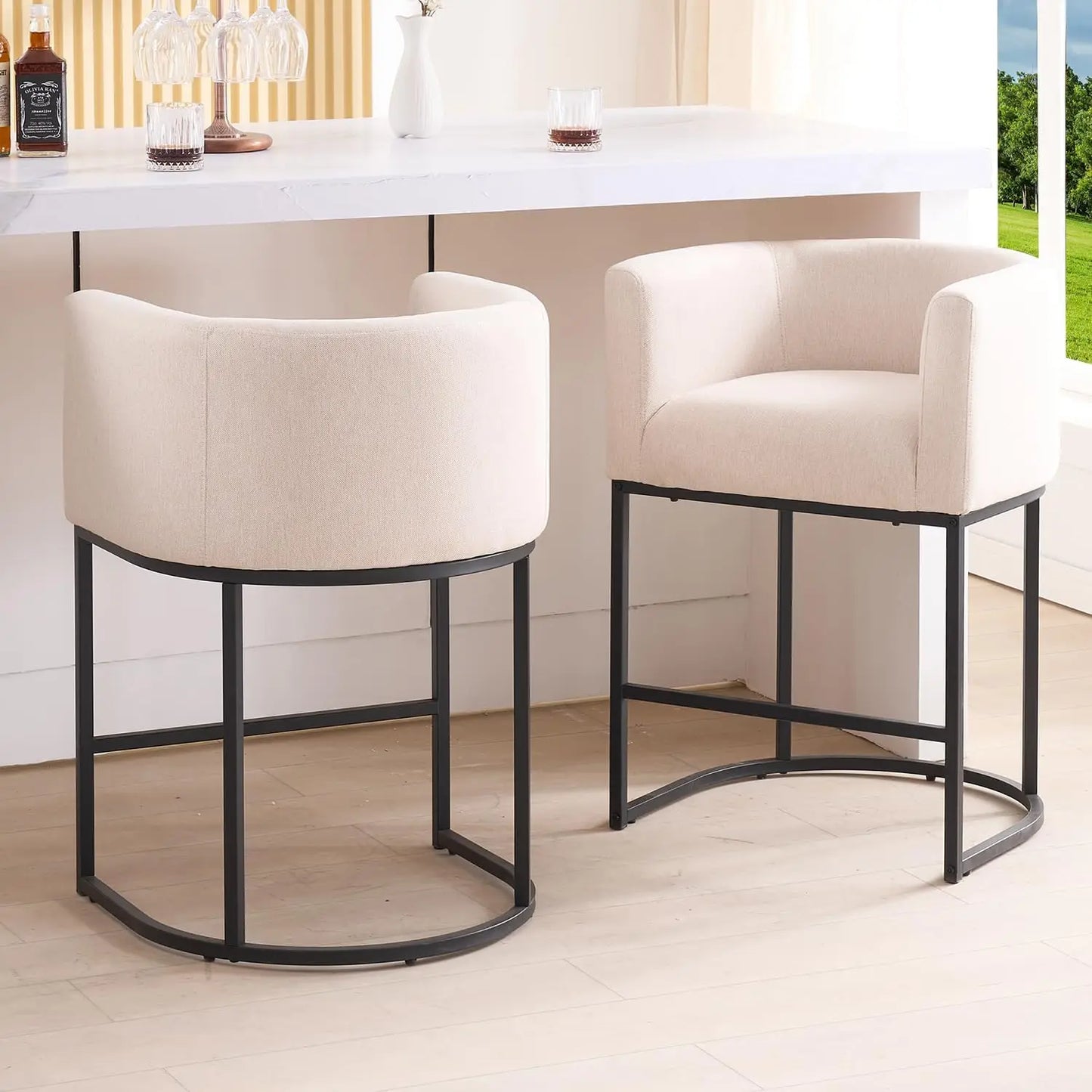 26" H Counter Height Bar Stools Modern Barrel Counter Stools with Backrest and Arms, Black Metal Frames,Fabric