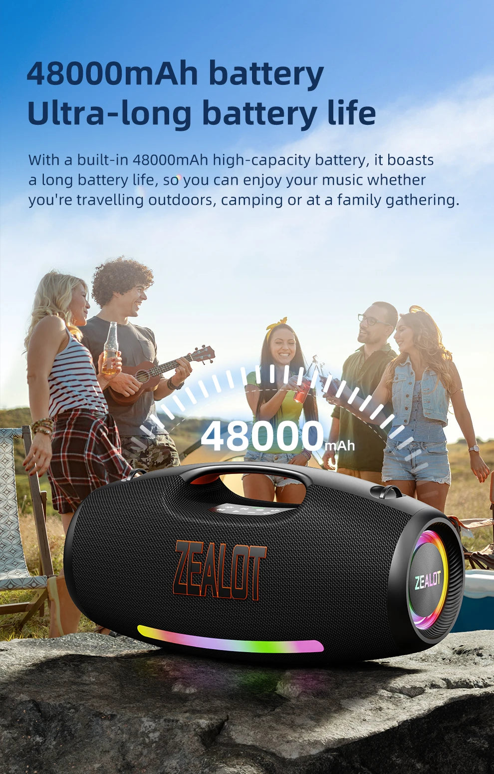 Zealot S89 250W Portable Bluetooth Speaker High Volume Waterproof 48000mAh Wireless TWS Subwoofer Suporrt USB/TF/AUX RGB light.