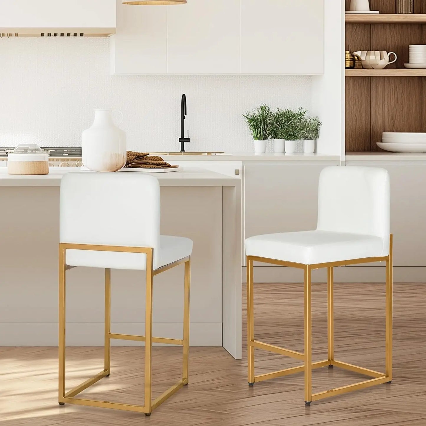 Bar Stools Set of 3 - Counter Height Bar Stool Leather Stools for Kitchen Counter, White and Gold Bar Stools with Back
