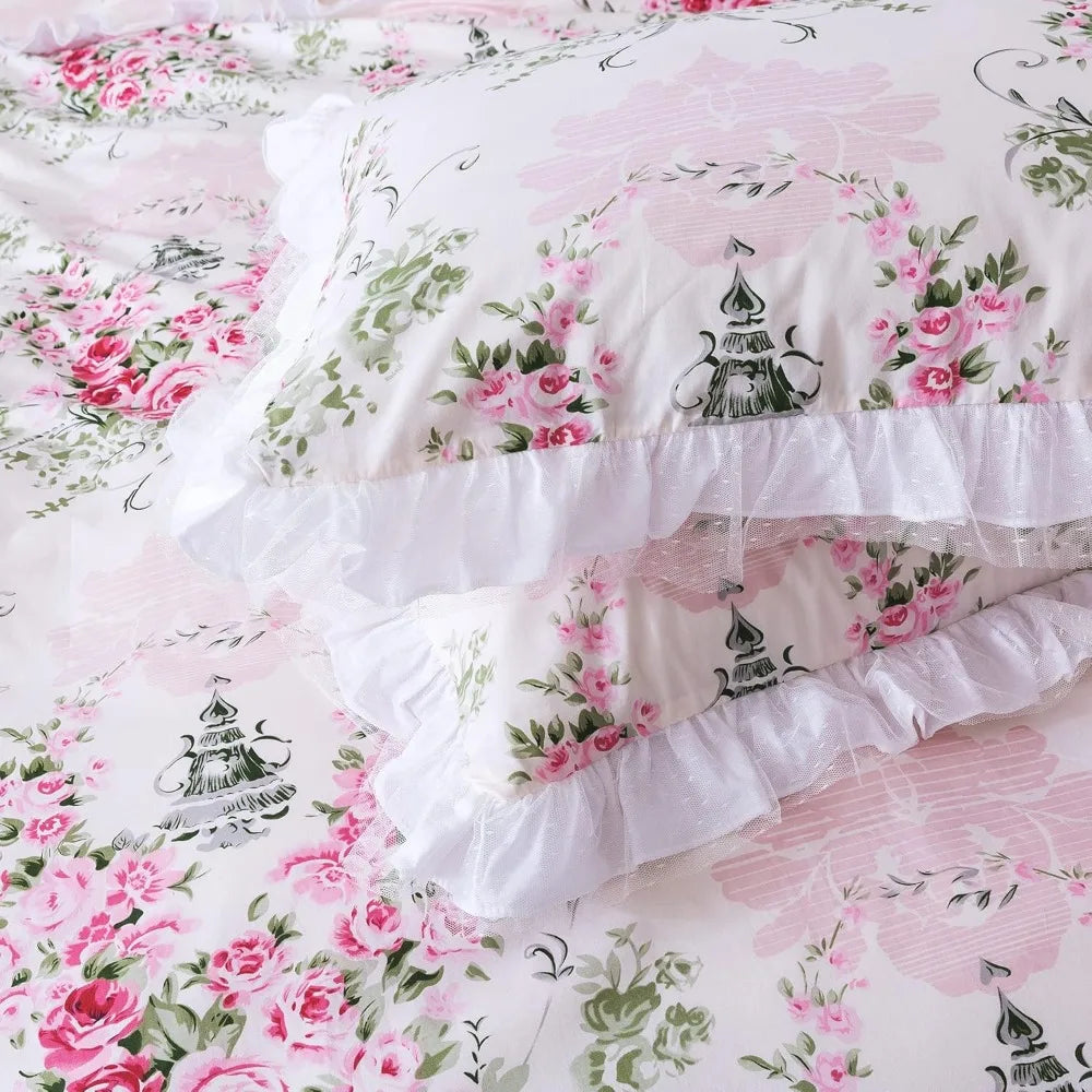 Elegant Floral Print Bedding Set, Rustic Style, Princess Lace Ruffle Duvet Cover for King, Queen, and Full Sizes