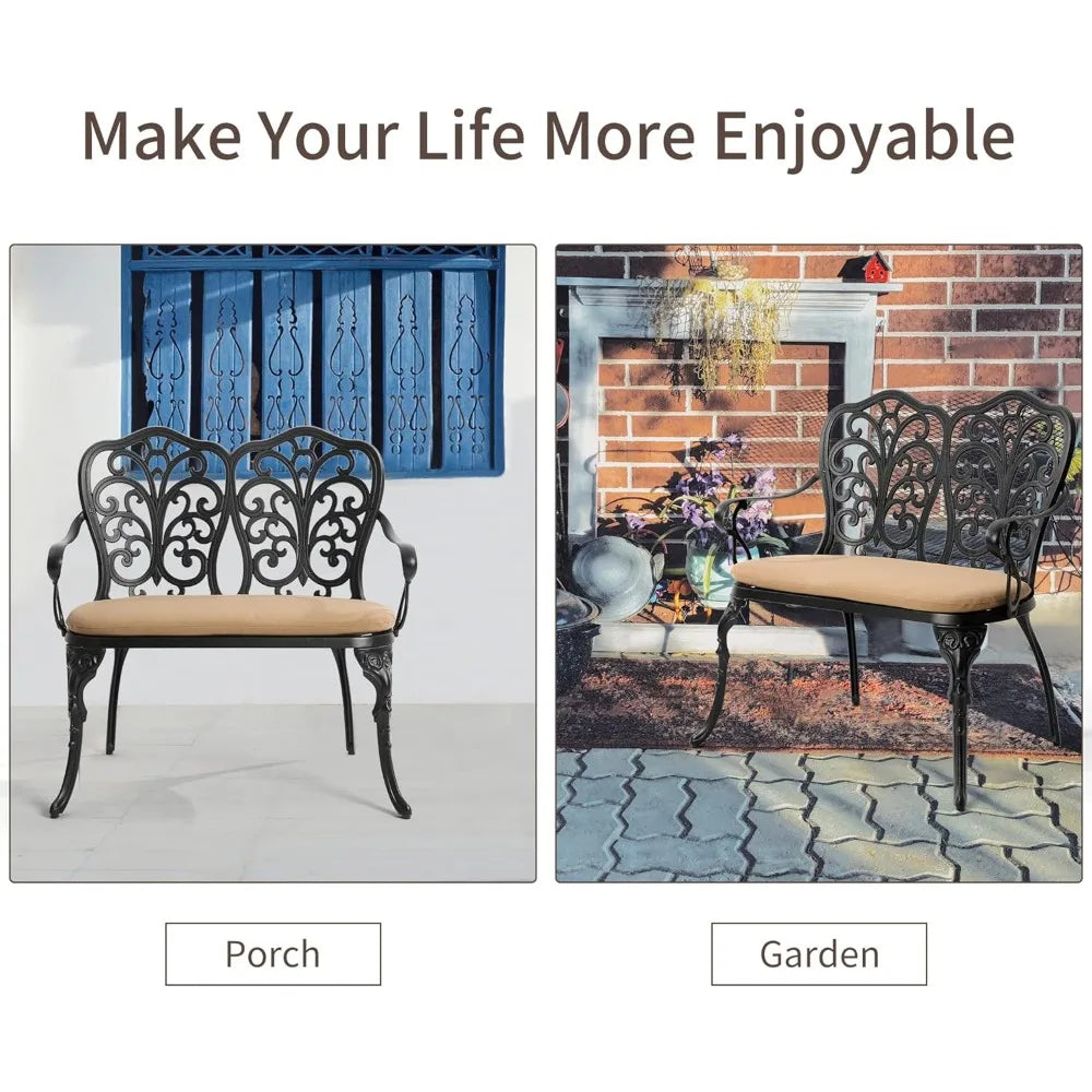 outdoor furniture Outdoor Bench with Cushion - Patio Garden Benches Metal Loveseat Butterfly Cast-Aluminum Outside Furniture