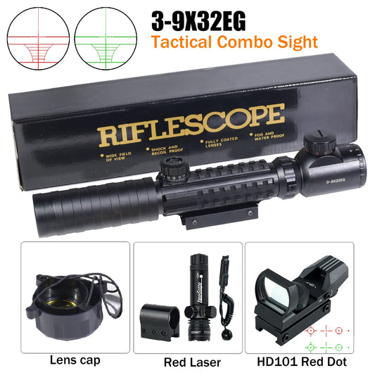 Tactical 3-9X32EG Riflescope Laser Red Dot 3 in 1 Combo Optic Sight Red Green Illuminated Reflex 4 Reticle Hunting Scope