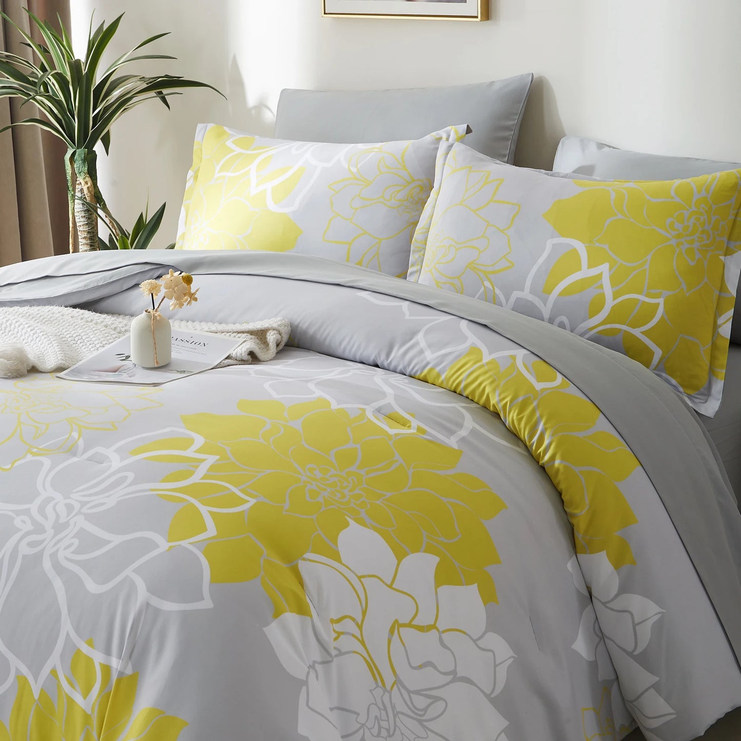 Comforter Set - 7 Pieces Floral Bedding Sets with Reversible Botanical Flowers Comforter, Sheets, Pillowcases & Shams