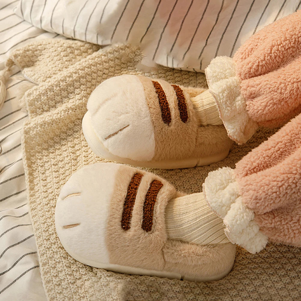 3D Cat Paw Plush Slippers Warm Slip-on House Shoes Comfortable Flat Thermal Slippers Furry Paw Couple Slippers for Autumn Winter
