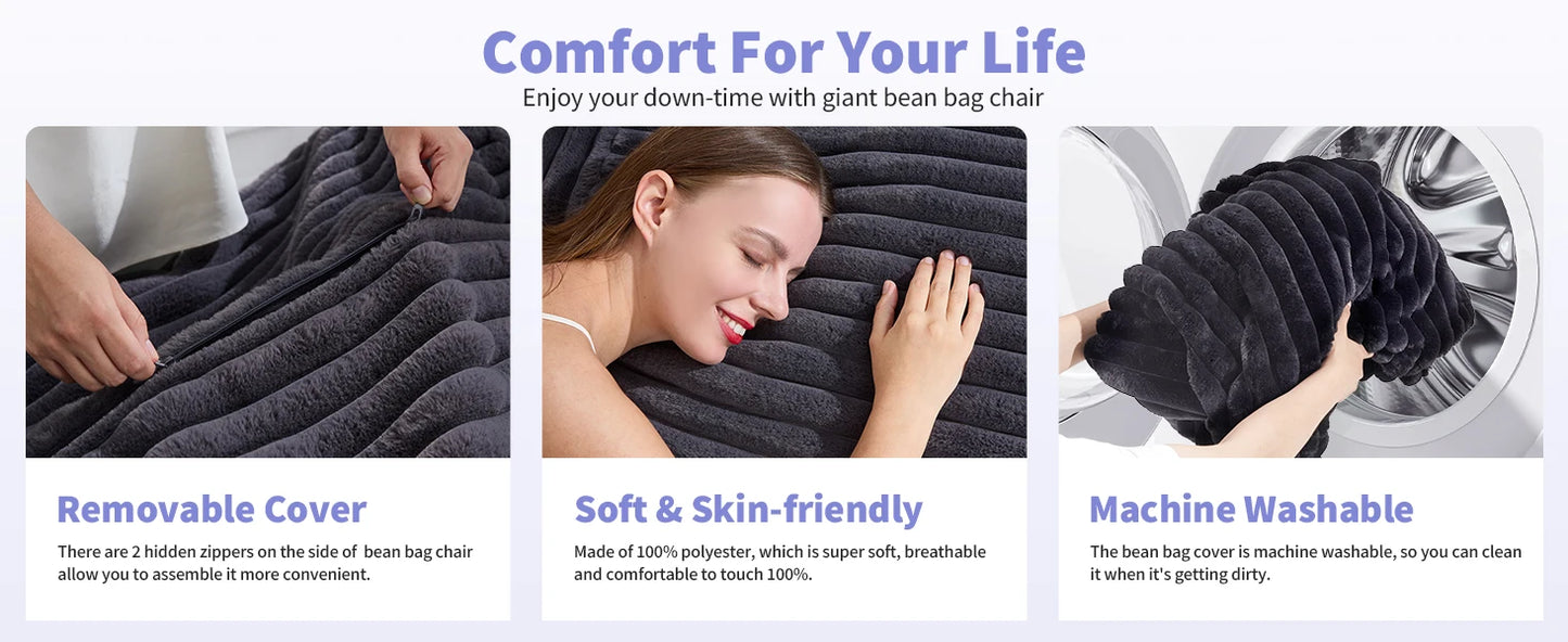 3 in 1 Bean Bag Chair Giant Bean Bag Chairs Convertible Bean Bag Floor Cushion with Machine Washable Cover, Beanbag Chairs