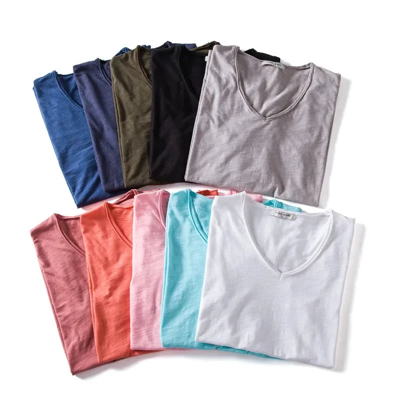 Brand Quality 100% Cotton Men T-shirt V-neck Fashion Design Slim Fit Soild T-shirts Male Tops Tees Short Sleeve T Shirt For Men