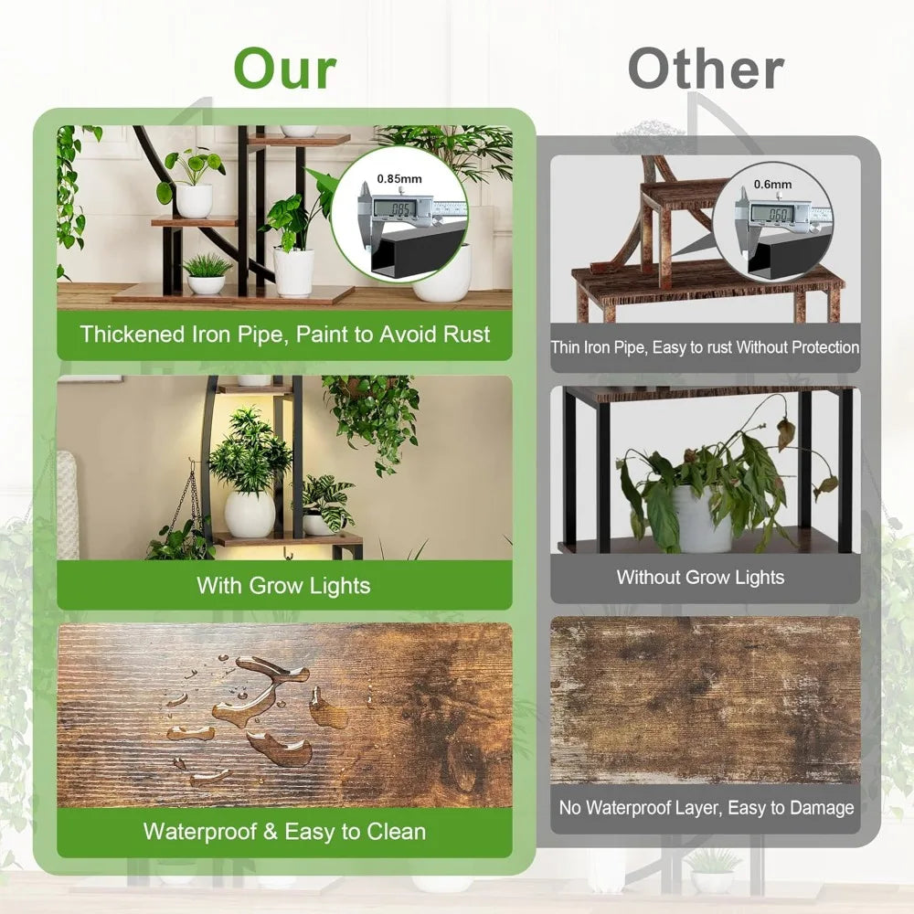 Indoor Tall Tree-Shaped Metal Plant Stand with Clearing Rack and Grow Lights